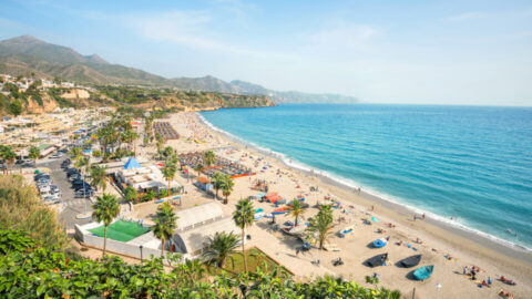 View of beach in Nerja. Malaga province, Costa del Sol, Andalusia, Spain