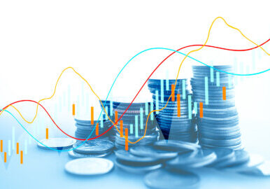 Concept of Risk management business financial and managing investment percentage interest rates.Money Coin stack step down graph with arrow and dollar icon.Pile of coins and graph. Asset management.