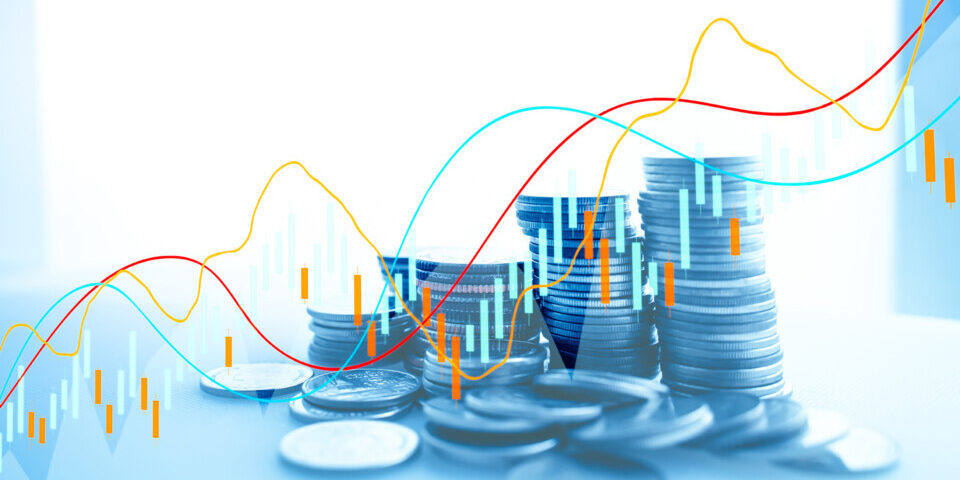 Concept of Risk management business financial and managing investment percentage interest rates.Money Coin stack step down graph with arrow and dollar icon.Pile of coins and graph. Asset management.